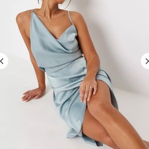 NWT Misguided Blue Satin Asymmetric Strap Dress